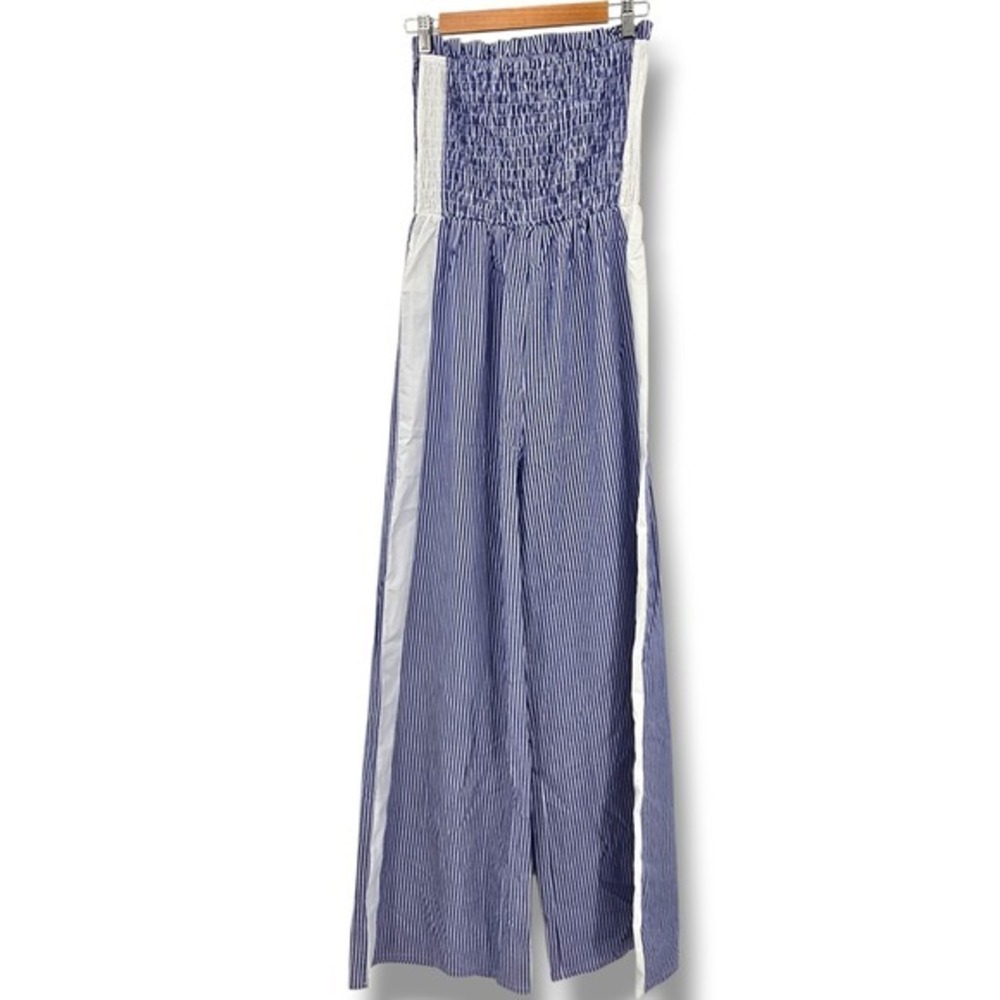 Know‎ One Cares Women's Blue Striped Smocked Strapless Jumpsuit Wide Leg L